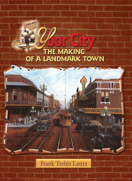 A picture of the cover of the book, Ybor CIty, displaying a city center with a train track.