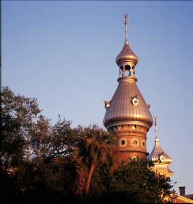 Sunlight hits the top of Plant Hall on University of Tampa's campus.